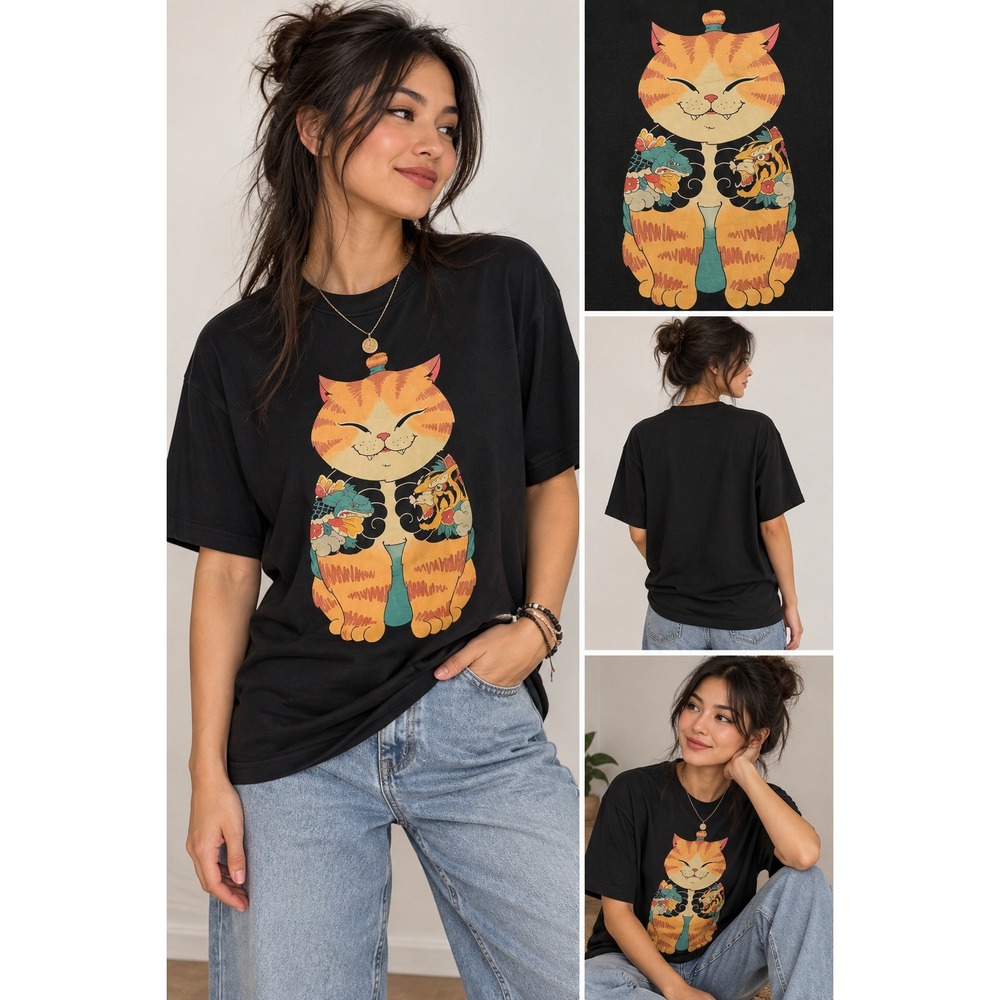 Japanese Style Tattooed Cat Graphic T-Shirt Anime Kawaii Streetwear L